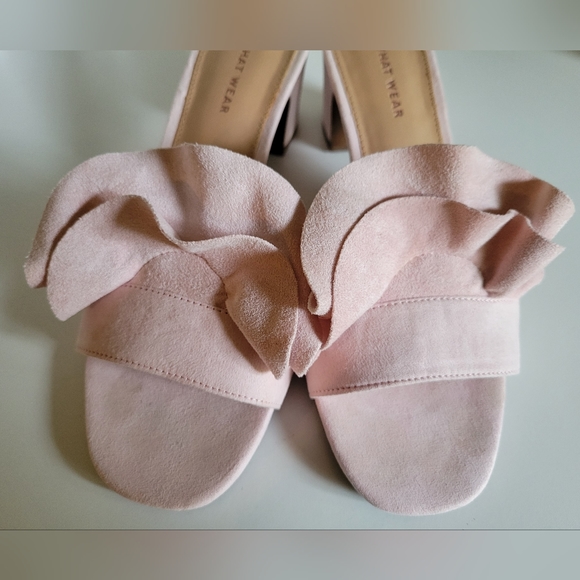 Who What Wear Shoes - Who What Wear, Zadie Ruffled Mule Heels Sandals in Light Pink Vegan Size…